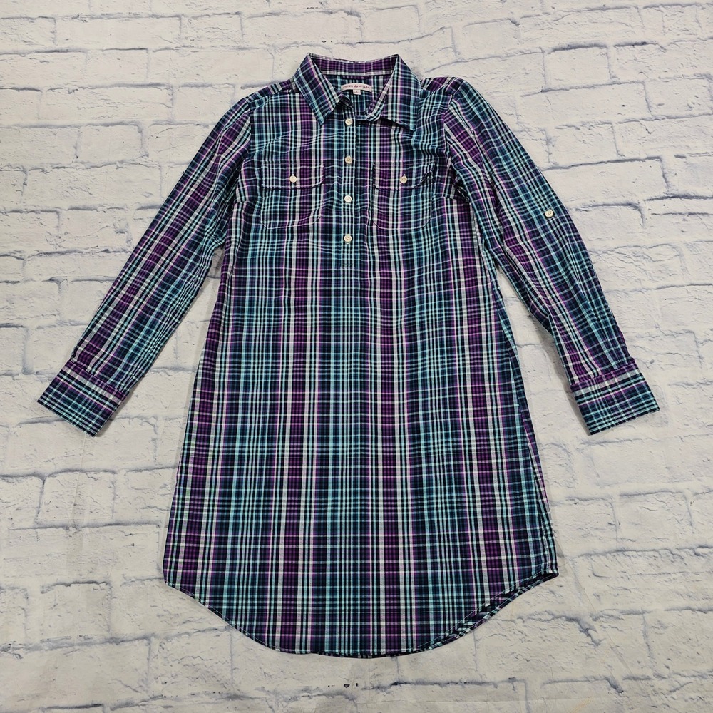 Peter Millar Plaid Shirt Dress Womens S Purple Teal Roll Tab Sleeve Preppy Check
